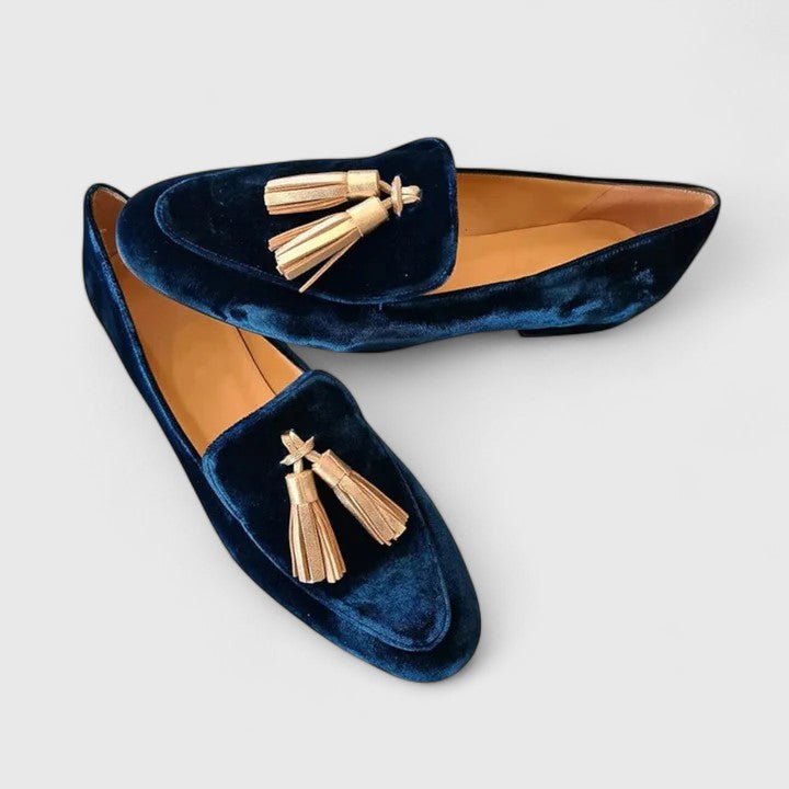 Harriet | Navy Velvet-Look Tassel Loafers