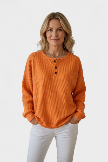 Heather | Orange Waffle-Knit Henley Jumper