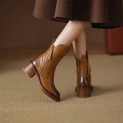 Irene | Tan Block-Heel Ankle Boots