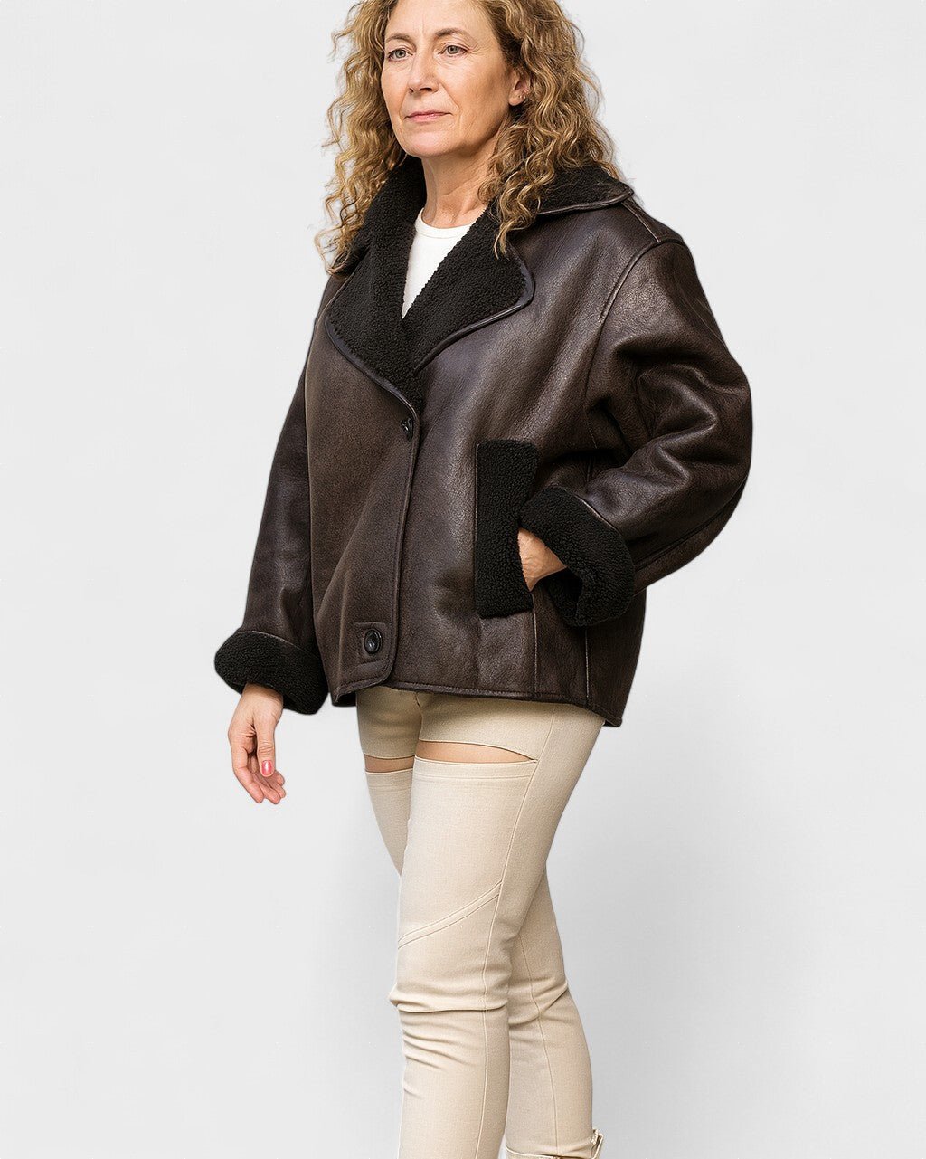 Isabelle | Brown Shearling-Look Aviator Jacket