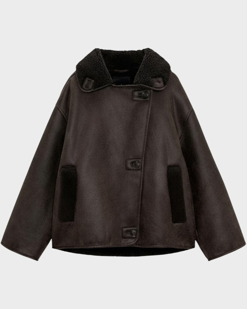 Isabelle | Brown Shearling-Look Aviator Jacket
