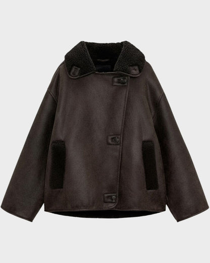 Isabelle | Brown Shearling-Look Aviator Jacket