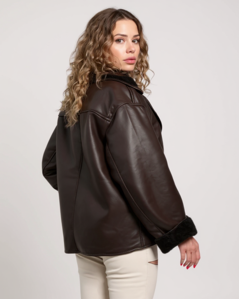 Isabelle | Brown Shearling-Look Aviator Jacket
