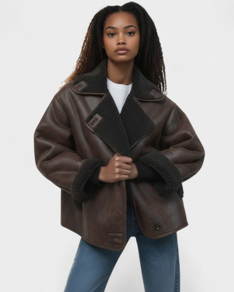 Isabelle | Brown Shearling-Look Aviator Jacket