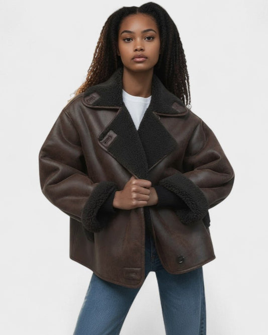 Isabelle | Brown Shearling-Look Aviator Jacket