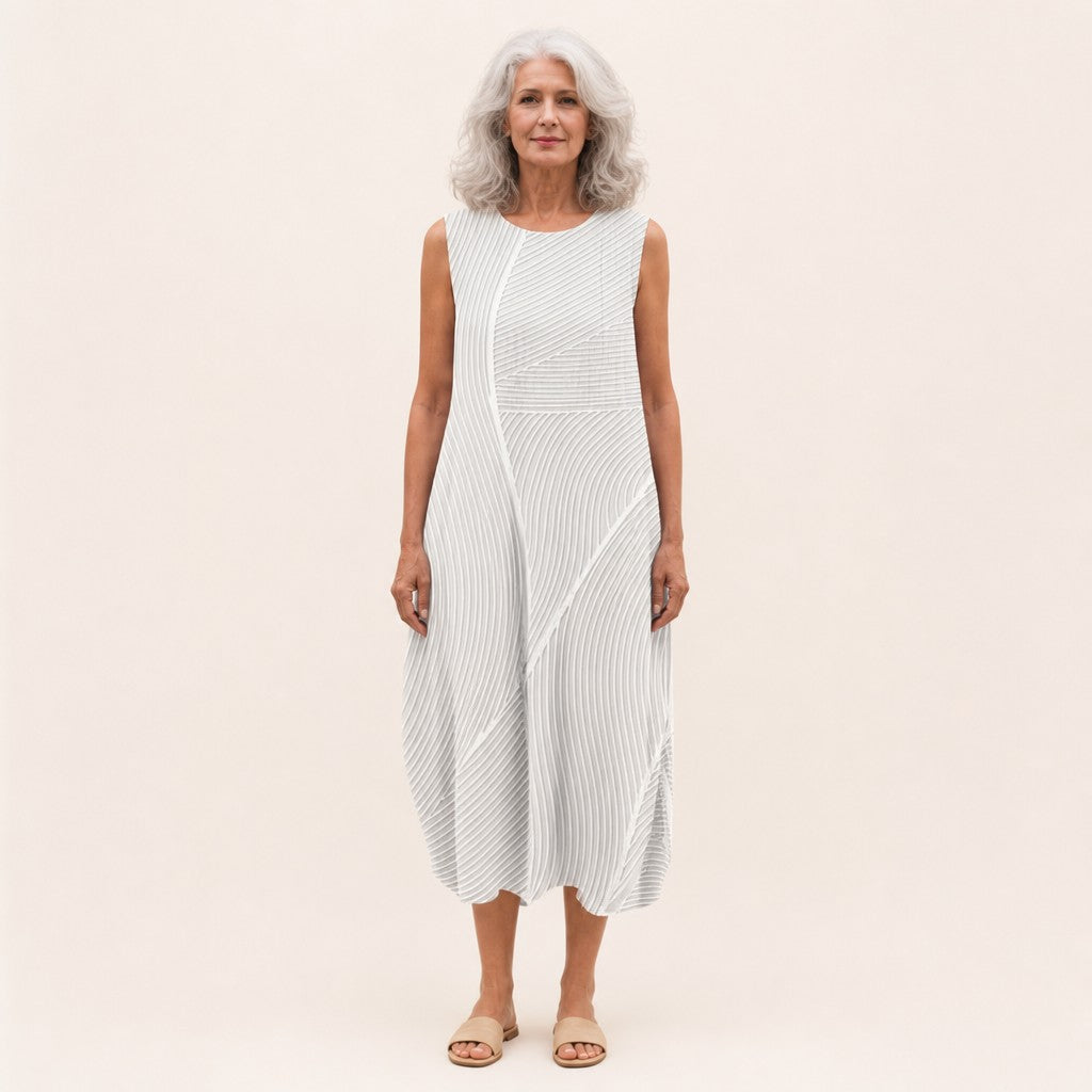 Evelyn | White Textured Stripe Sleeveless Midi Dress