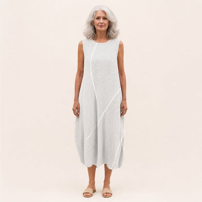 Evelyn | White Textured Stripe Sleeveless Midi Dress