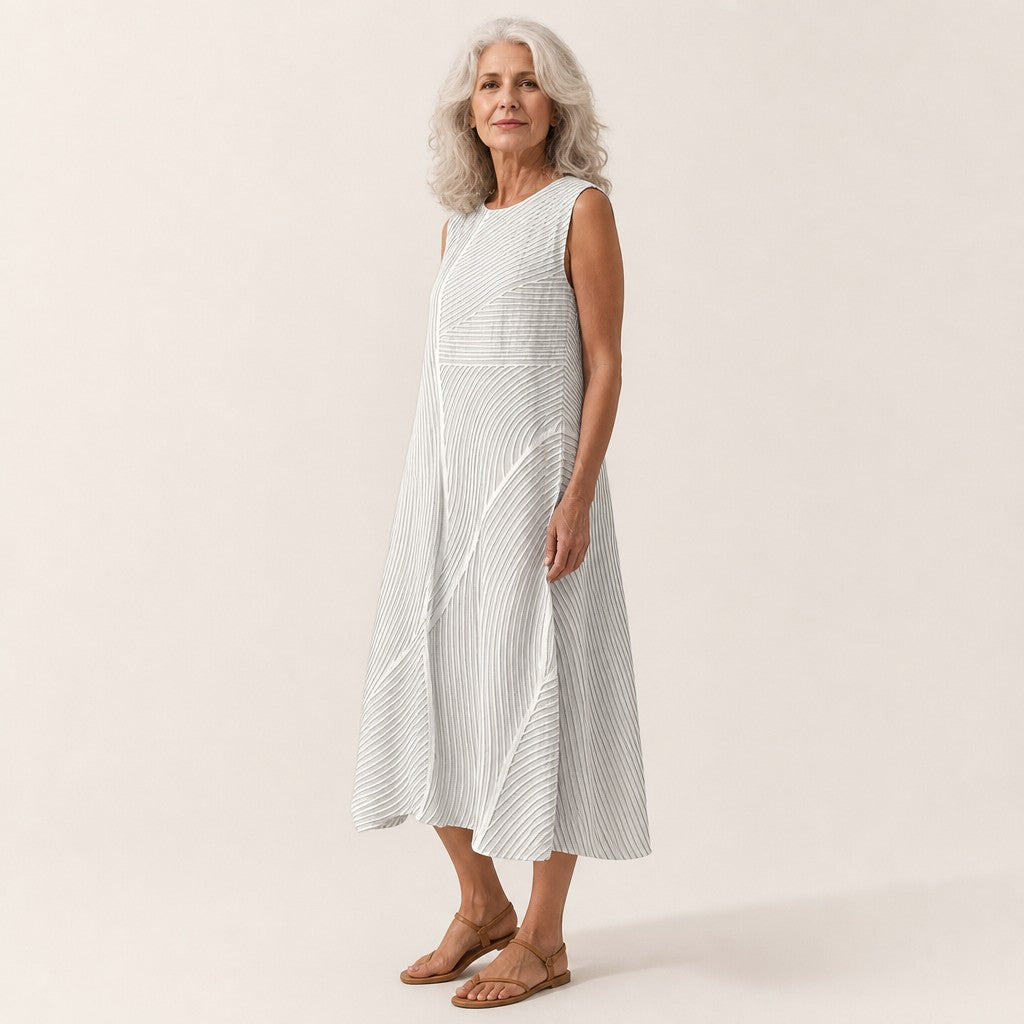 Evelyn | White Textured Stripe Sleeveless Midi Dress
