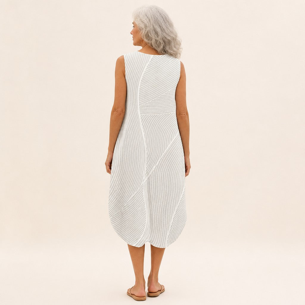 Evelyn | White Textured Stripe Sleeveless Midi Dress