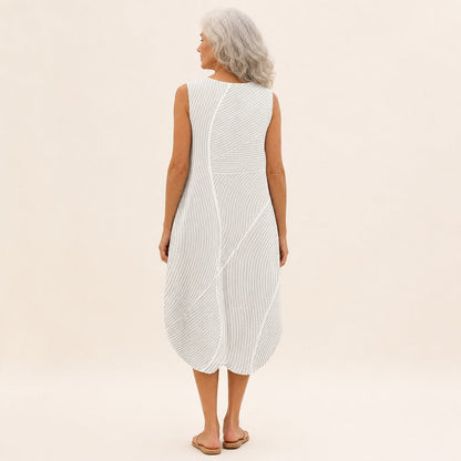 Evelyn | White Textured Stripe Sleeveless Midi Dress