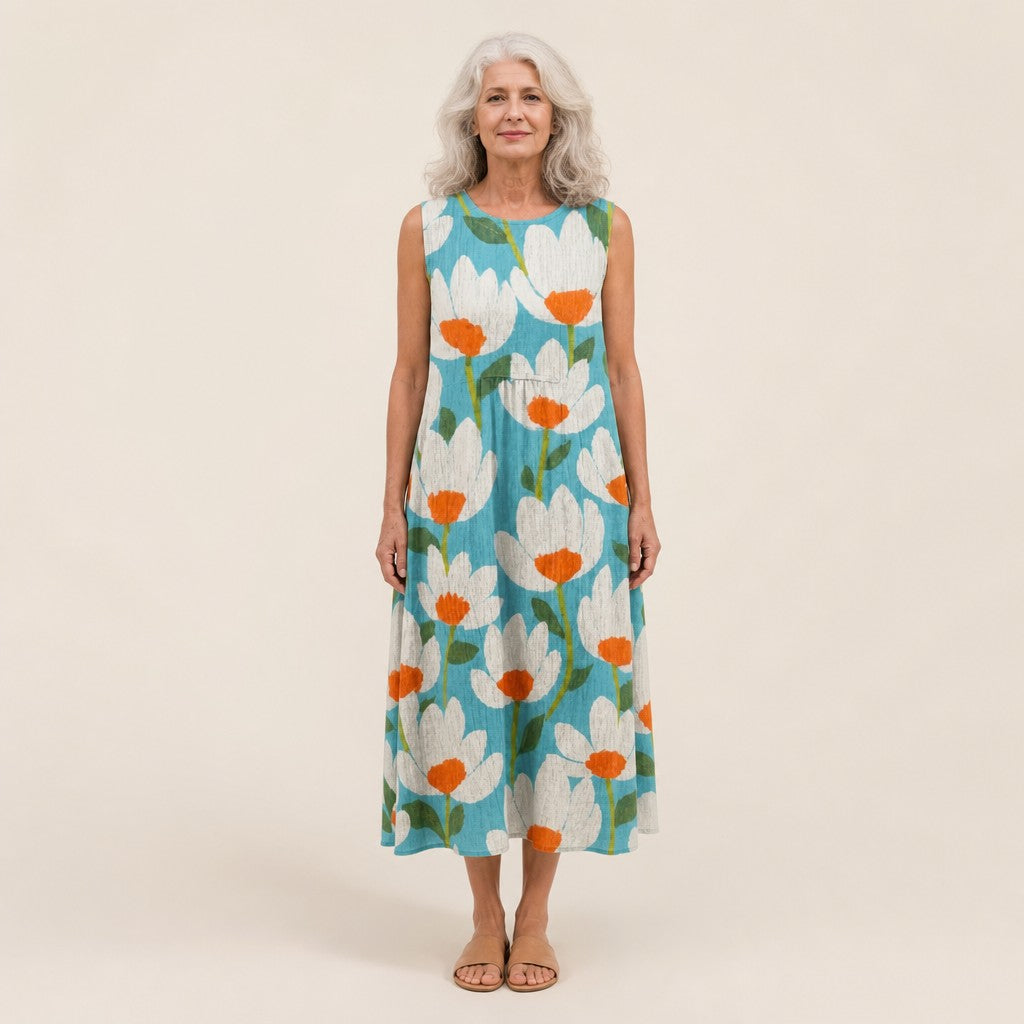 Isadora | Turquoise Poppy Print Sleeveless Midi Dress