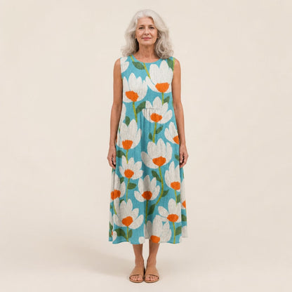 Isadora | Turquoise Poppy Print Sleeveless Midi Dress