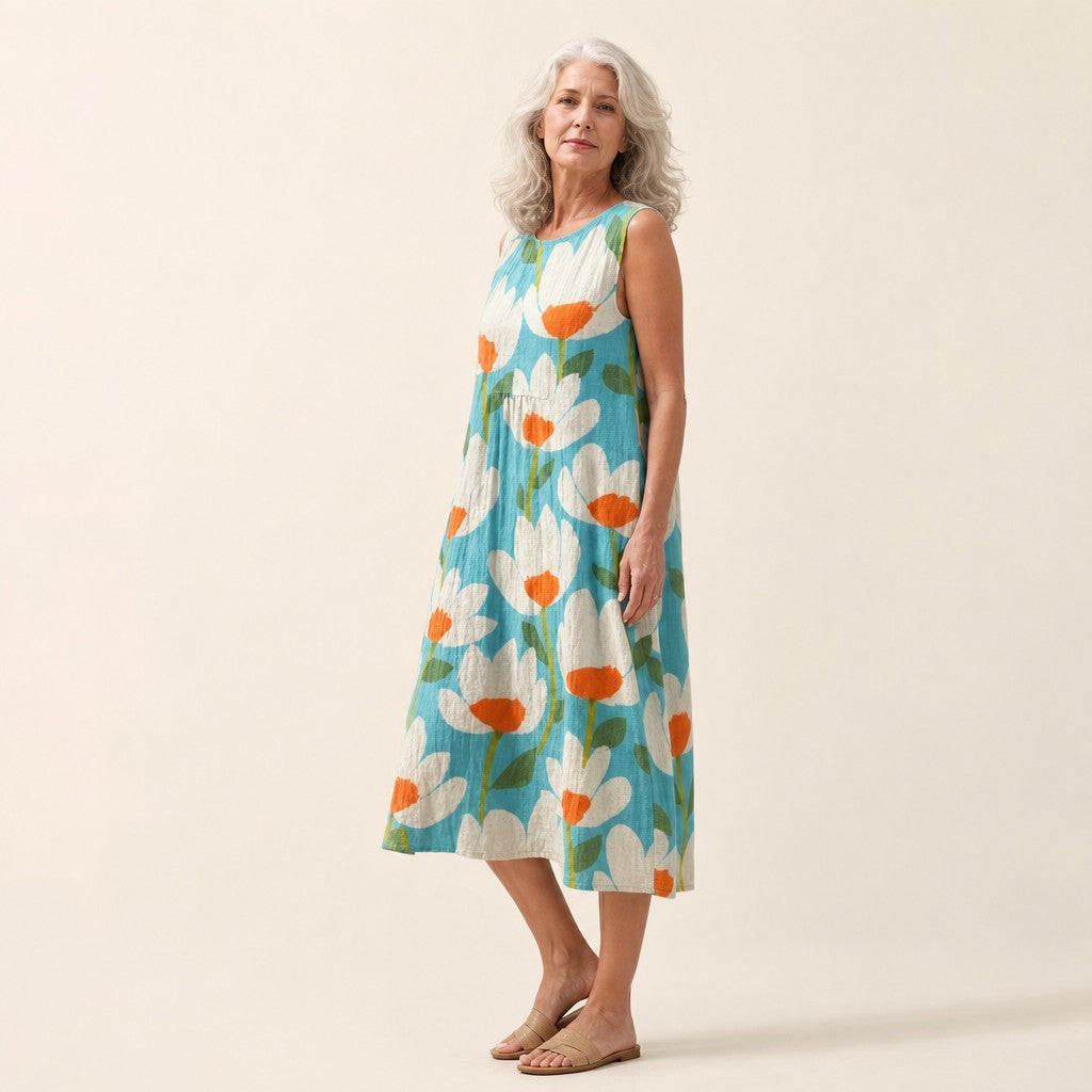 Isadora | Turquoise Poppy Print Sleeveless Midi Dress