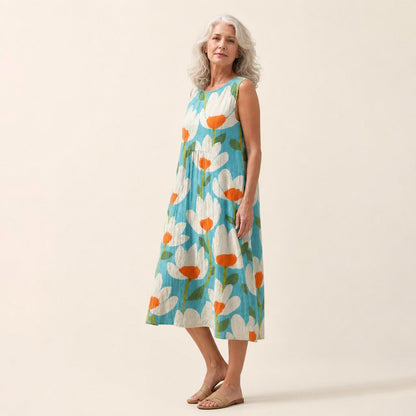 Isadora | Turquoise Poppy Print Sleeveless Midi Dress