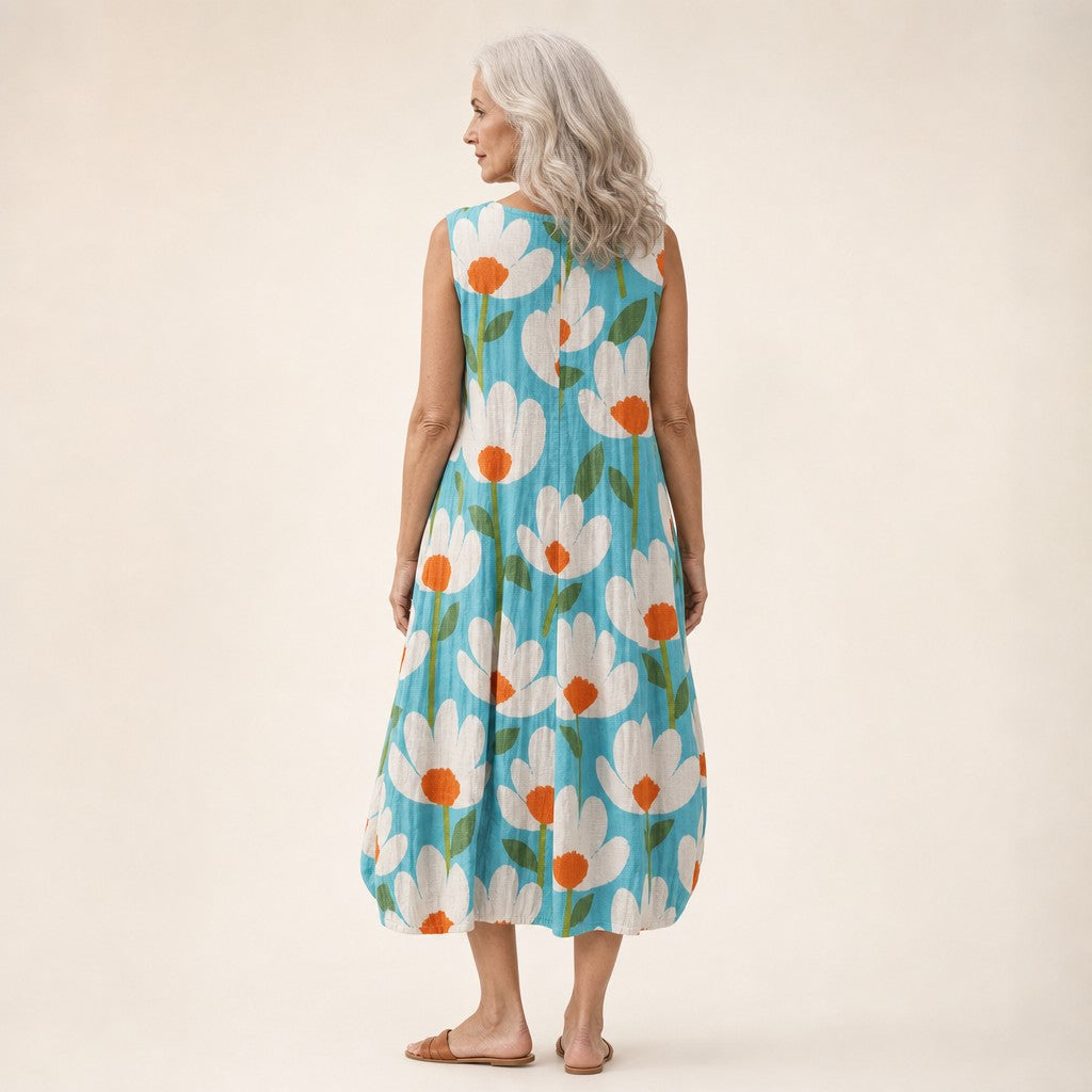 Isadora | Turquoise Poppy Print Sleeveless Midi Dress