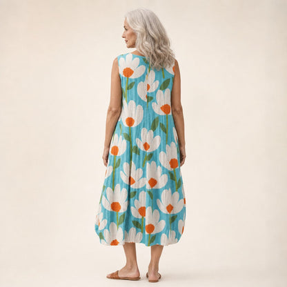 Isadora | Turquoise Poppy Print Sleeveless Midi Dress