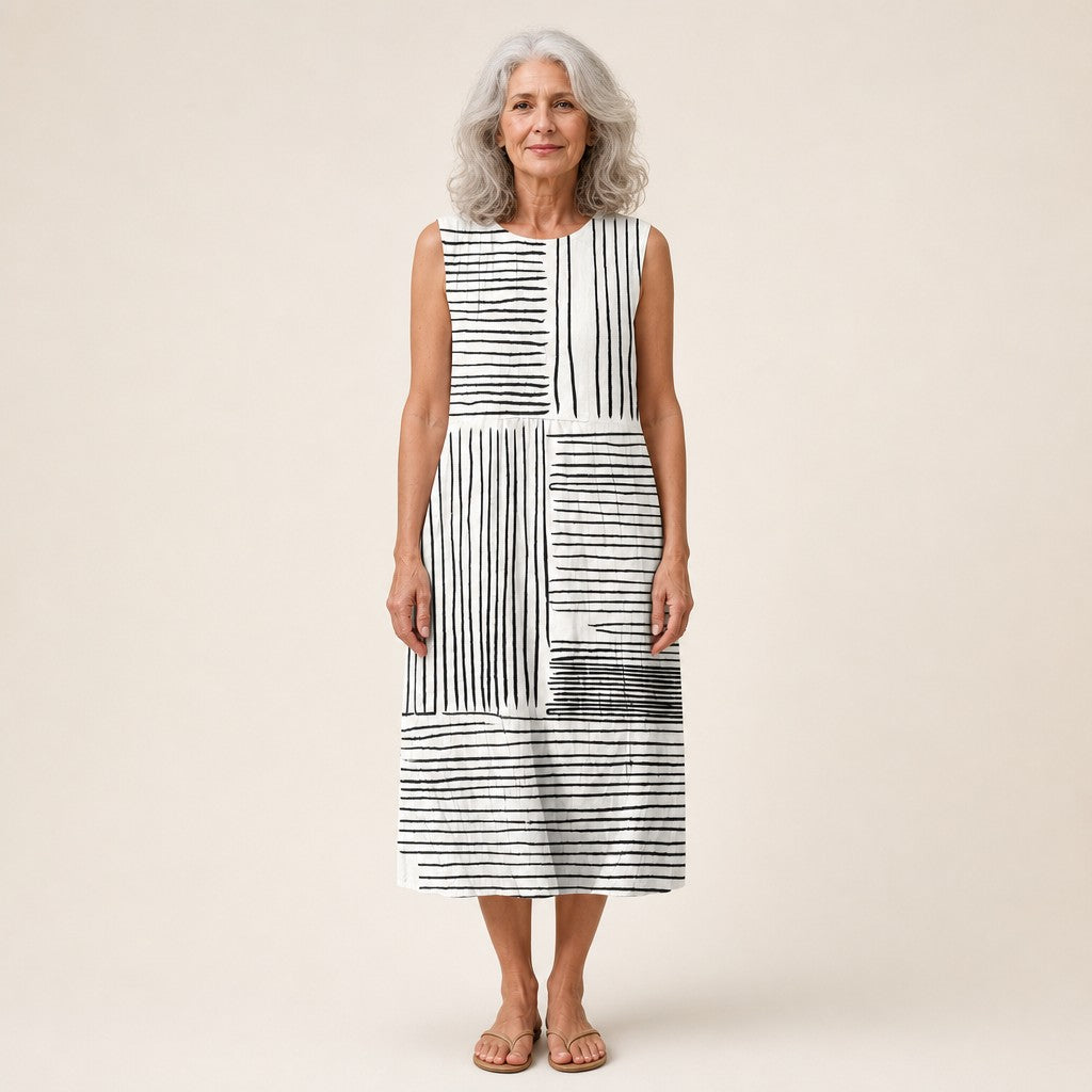 Gladys | Black & White Line Print Sleeveless Midi Dress