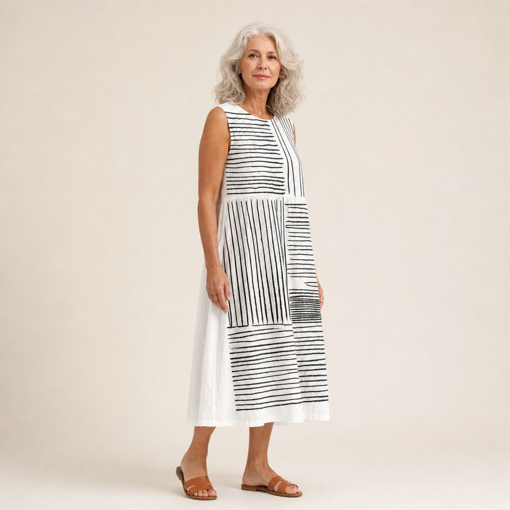 Gladys | Black & White Line Print Sleeveless Midi Dress
