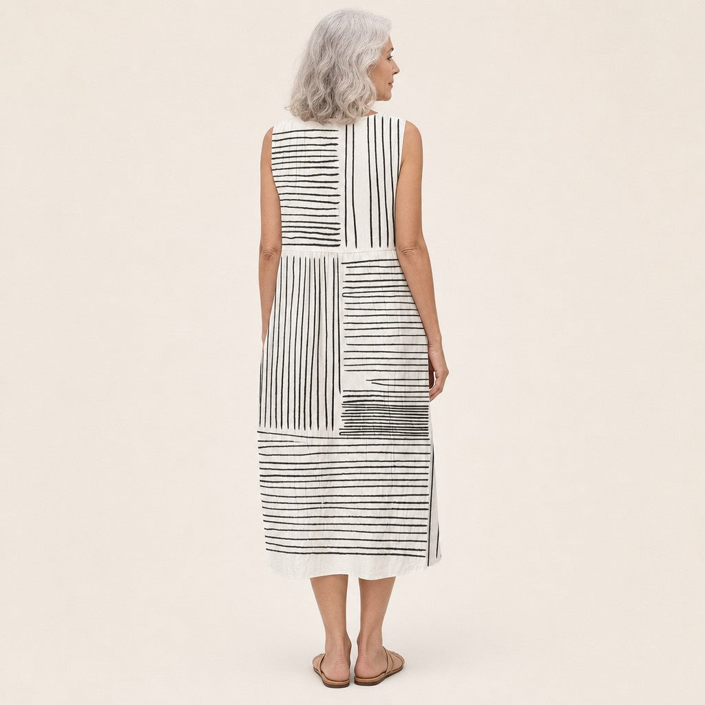 Gladys | Black & White Line Print Sleeveless Midi Dress
