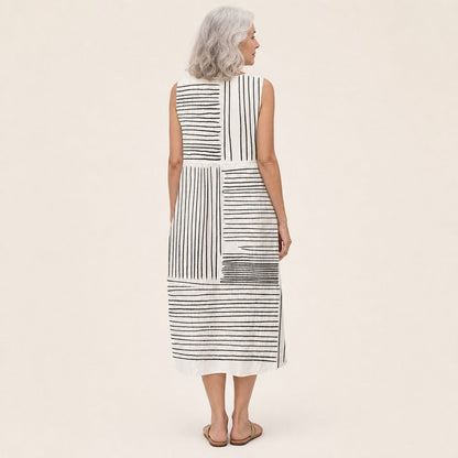 Gladys | Black & White Line Print Sleeveless Midi Dress