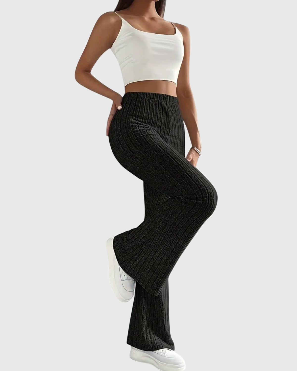Jennifer | Grey Ribbed Flared Trousers