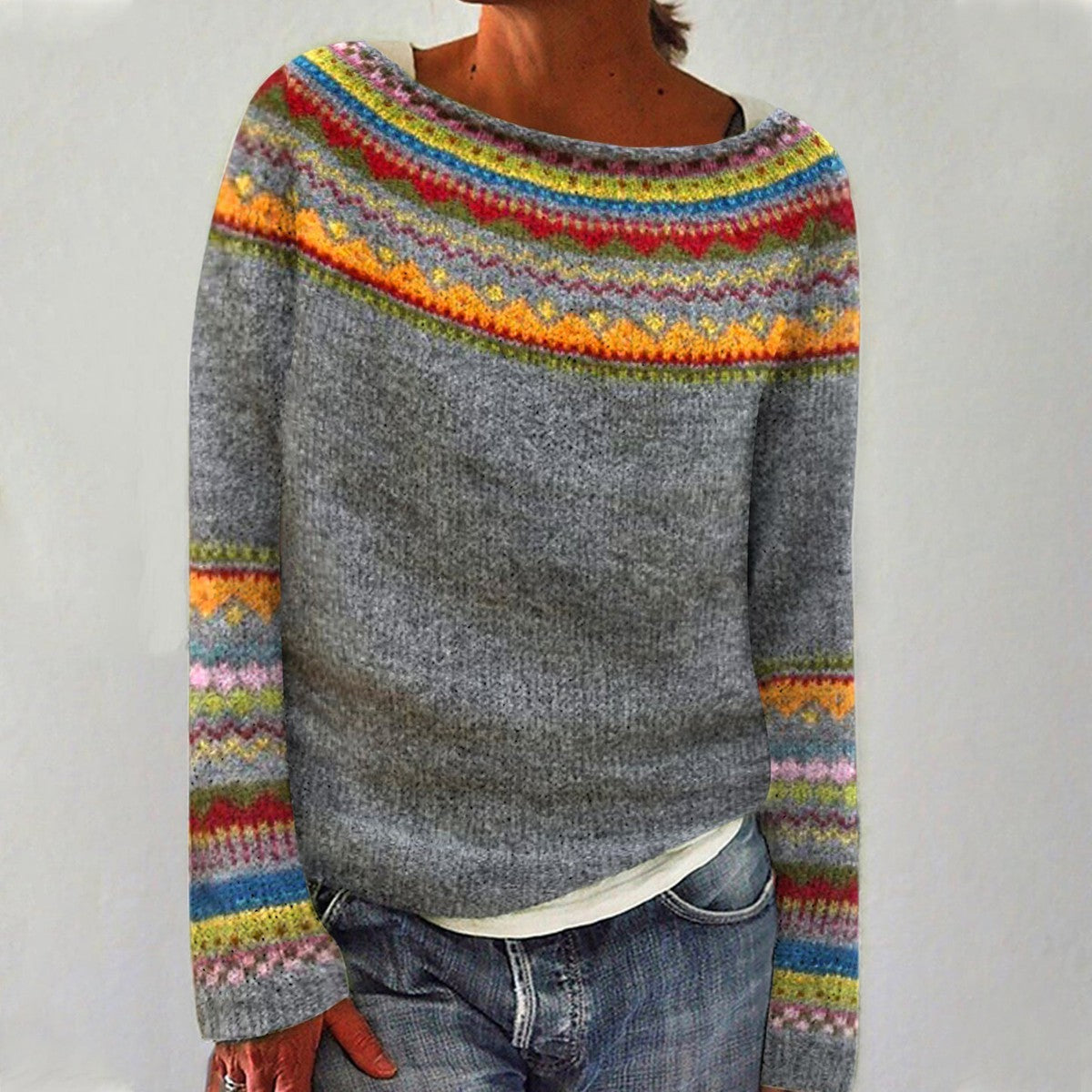 Joanna | Grey & Rainbow Fair Isle Jumper