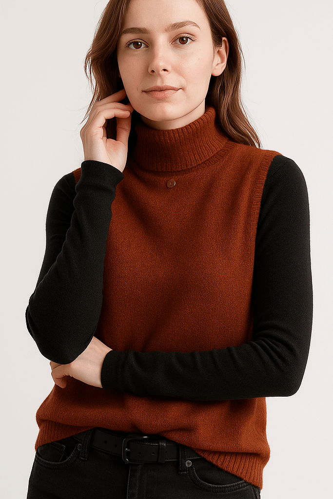 Joanne | Rust Sleeveless Roll-Neck Knit Top