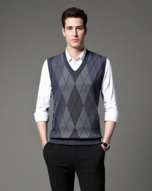 Jonah | Grey Argyle Sleeveless Jumper