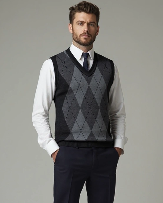 Jonah | Grey Argyle Sleeveless Jumper