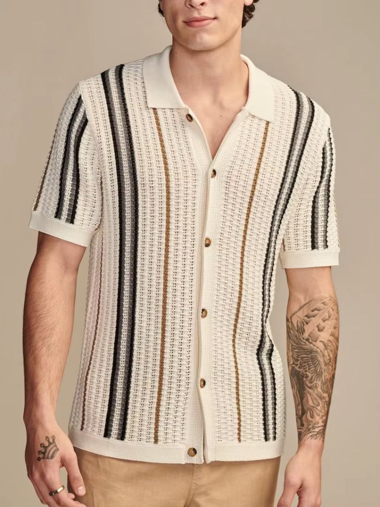Jonah | Cream Striped Button-Front Knit Polo