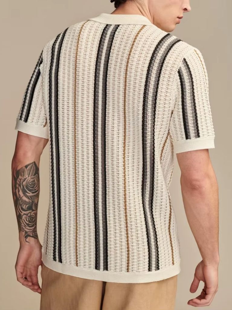 Jonah | Cream Striped Button-Front Knit Polo