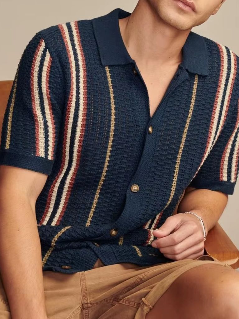 Jonah | Cream Striped Button-Front Knit Polo