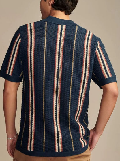 Jonah | Cream Striped Button-Front Knit Polo