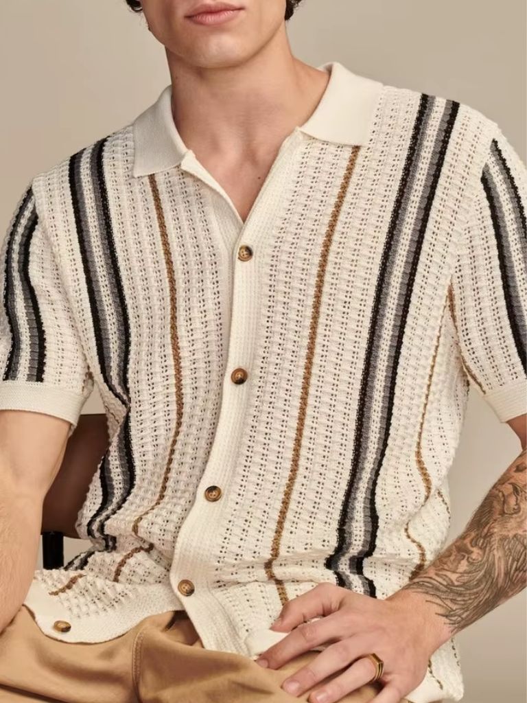 Jonah | Cream Striped Button-Front Knit Polo
