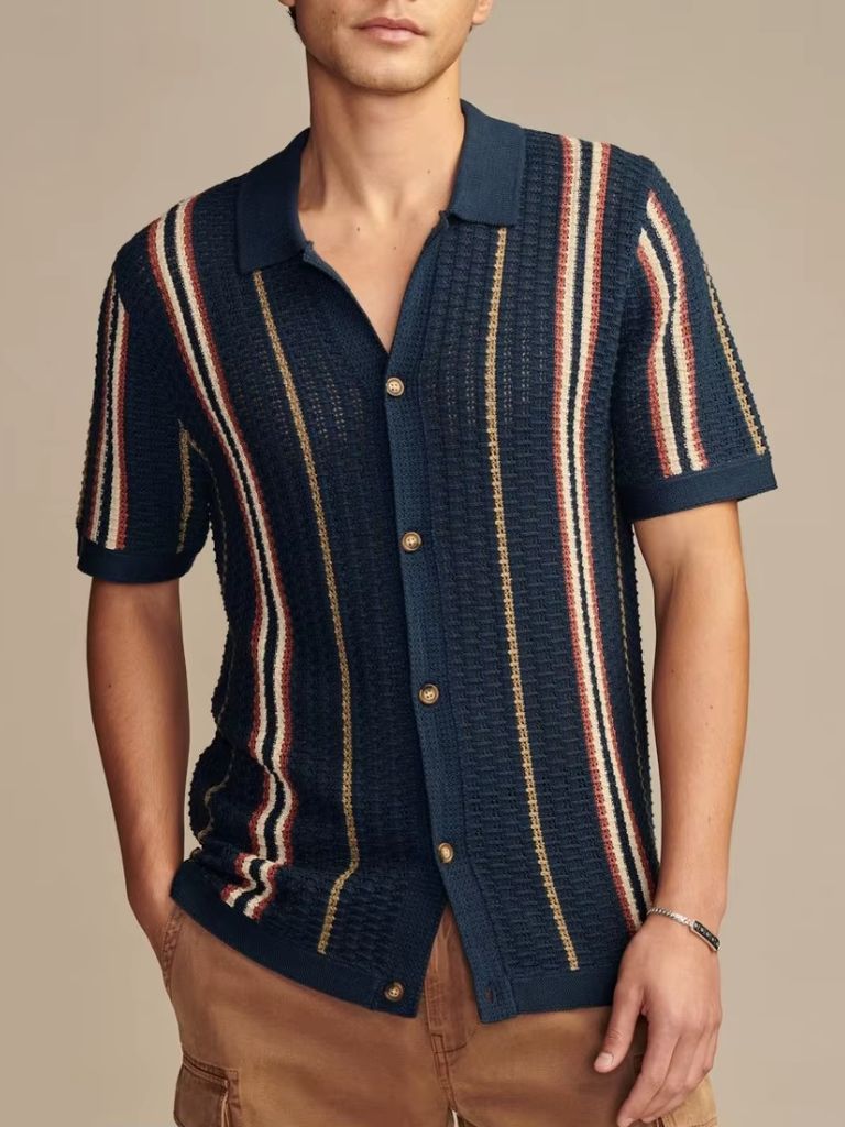 Jonah | Cream Striped Button-Front Knit Polo