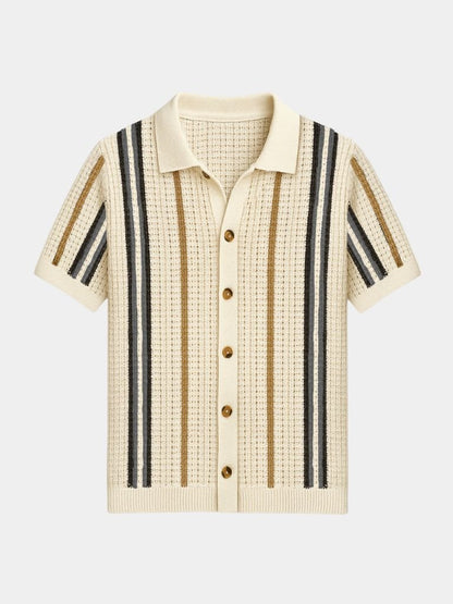 Jonah | Cream Striped Button-Front Knit Polo