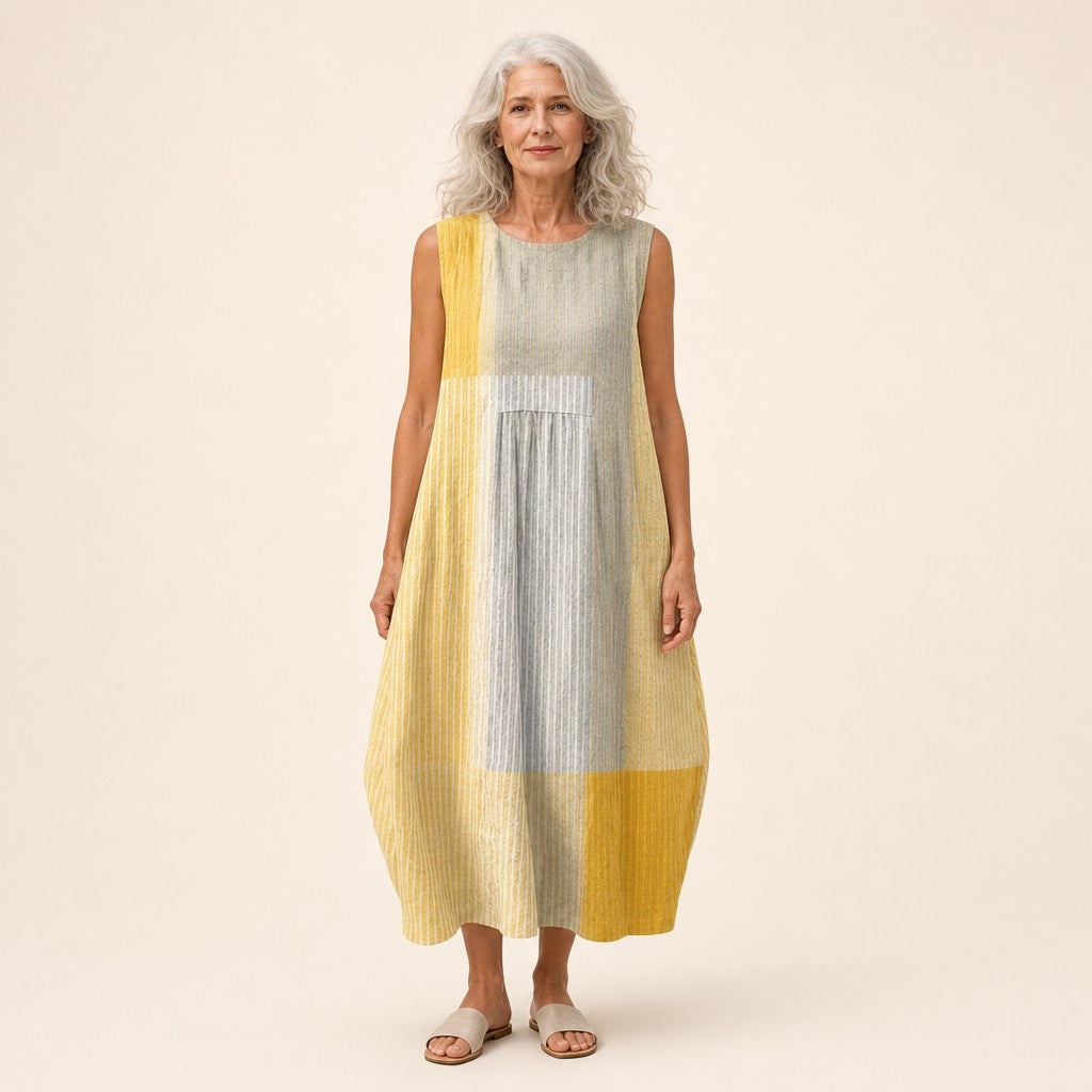 Katie | Yellow & Grey Colour Block Sleeveless Midi Dress
