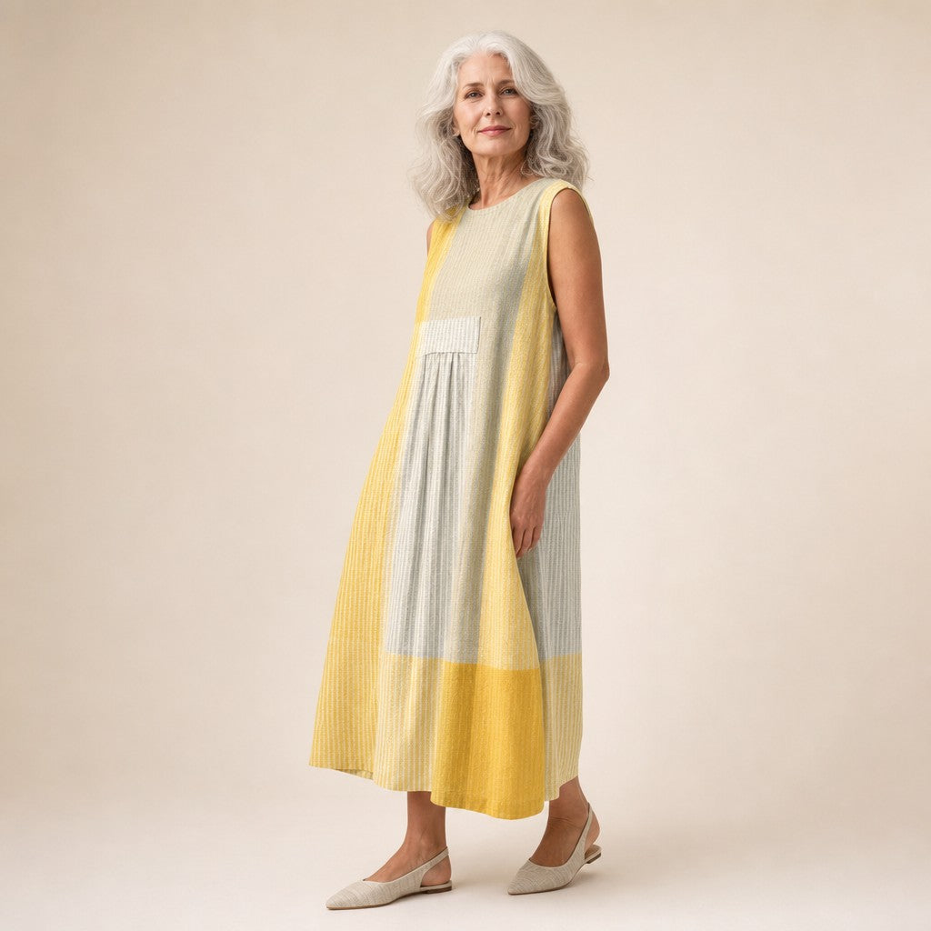 Katie | Yellow & Grey Colour Block Sleeveless Midi Dress