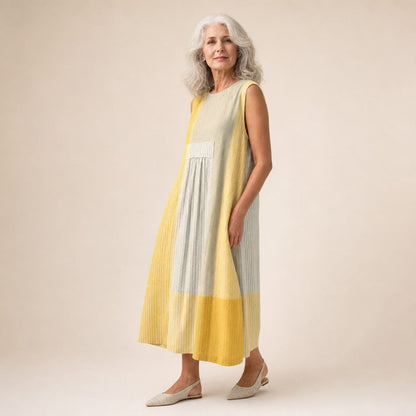 Katie | Yellow & Grey Colour Block Sleeveless Midi Dress