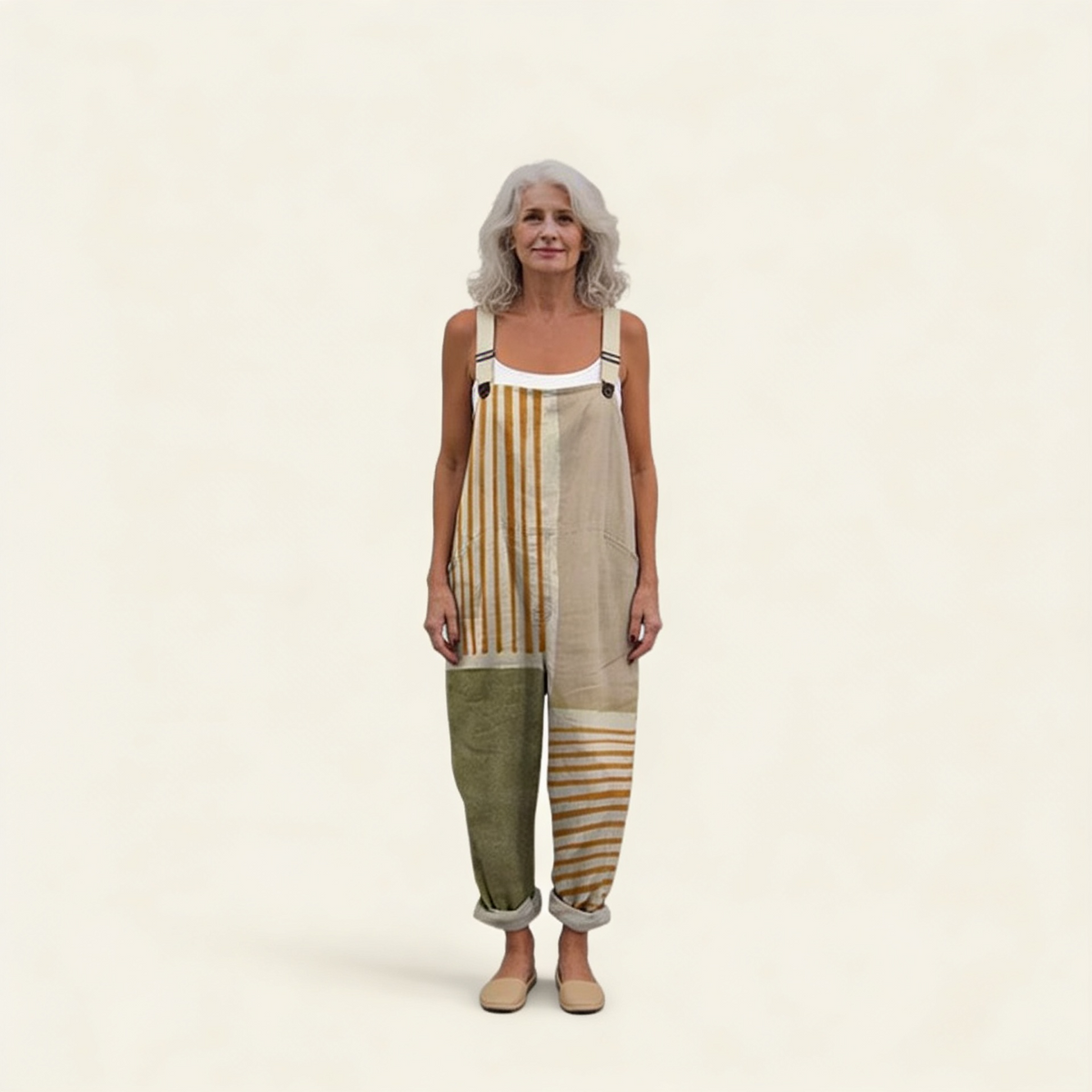 Edith | Natural Stripe Patchwork Dungarees