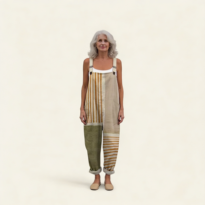 Edith | Natural Stripe Patchwork Dungarees