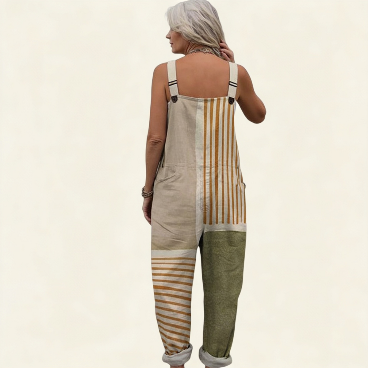 Edith | Natural Stripe Patchwork Dungarees