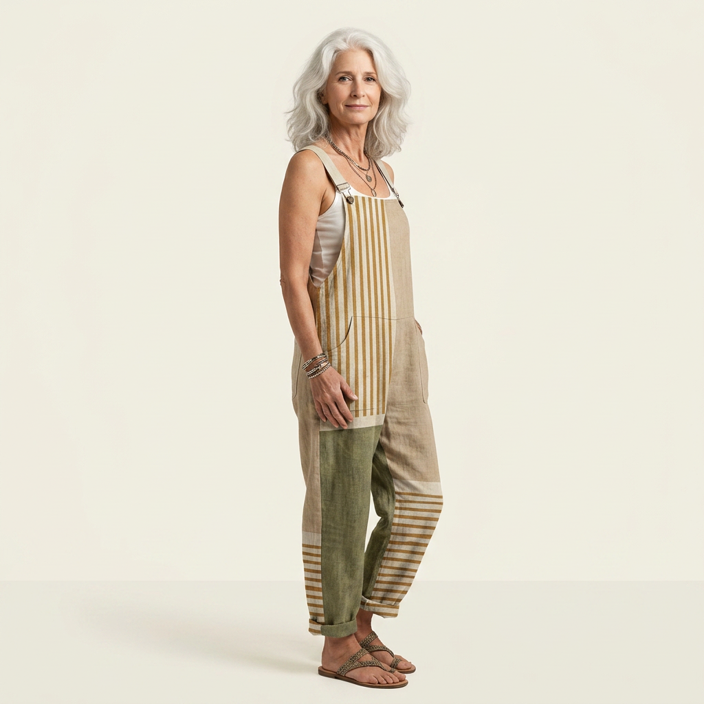 Edith | Natural Stripe Patchwork Dungarees