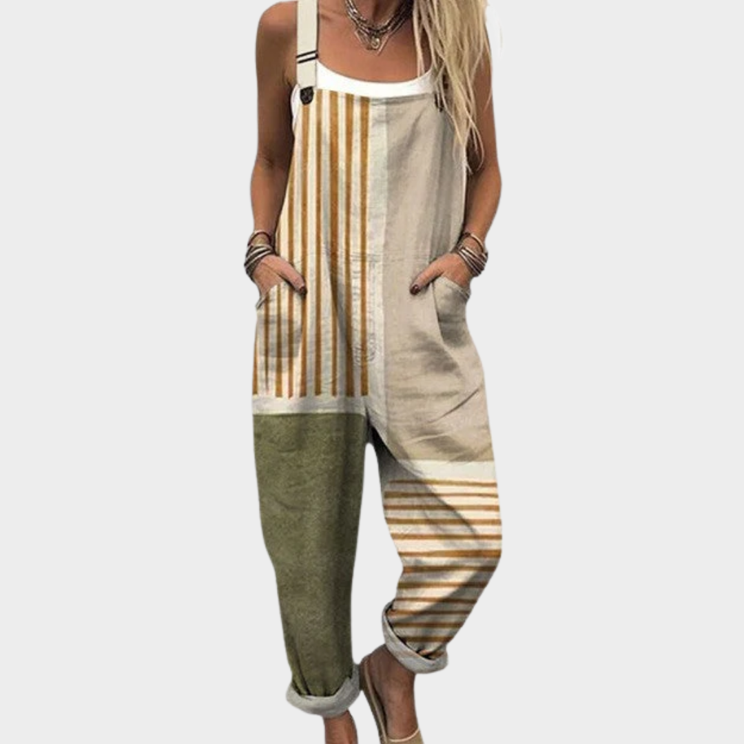 Edith | Natural Stripe Patchwork Dungarees