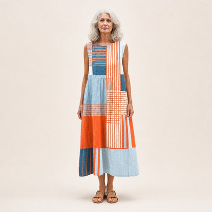 Verity | Orange & Blue Patchwork Sleeveless Midi Dress