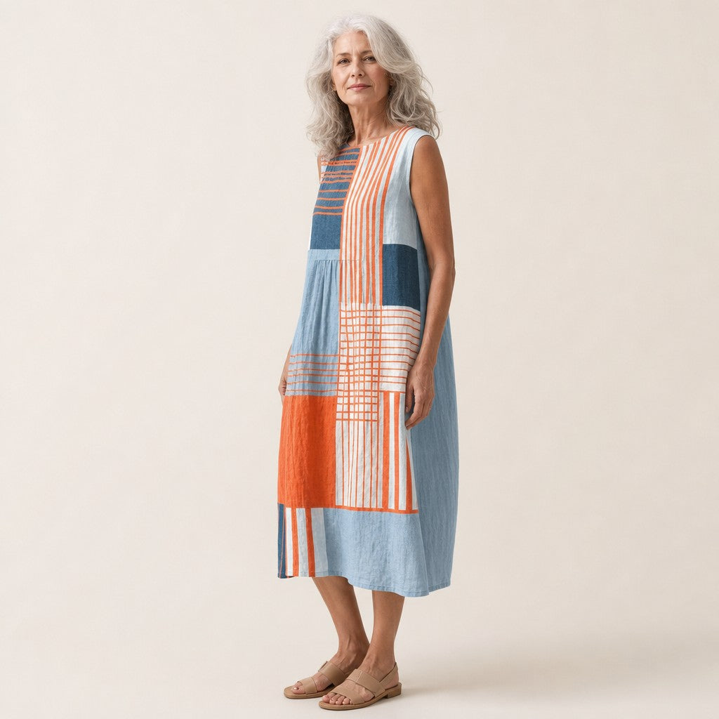 Verity | Orange & Blue Patchwork Sleeveless Midi Dress