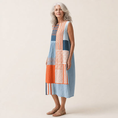 Verity | Orange & Blue Patchwork Sleeveless Midi Dress