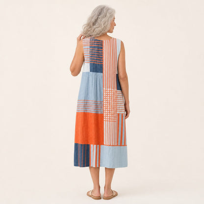 Verity | Orange & Blue Patchwork Sleeveless Midi Dress