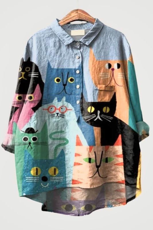 Karen | Grey Stripe Cat Pocket Shirt