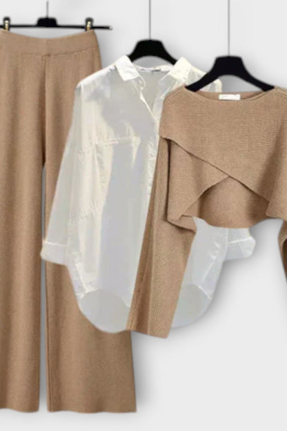 Carla | Three-Piece Shirt, Knit Top & Trouser Set